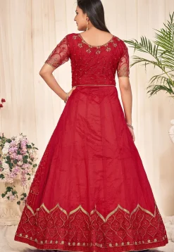 Embroidered Net Abaya Style Suit in Red