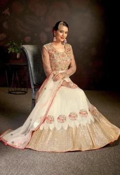 Embroidered Net Abaya Style Suit in Cream