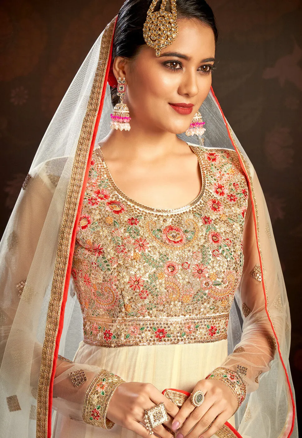 Embroidered Net Abaya Style Suit in Cream