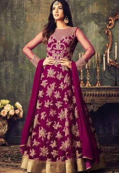 Embroidered Net Abaya Style Suit in Magenta