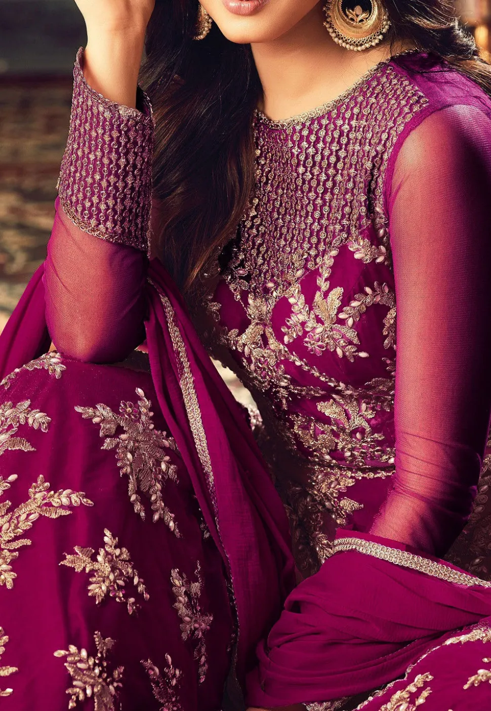 Embroidered Net Abaya Style Suit in Magenta
