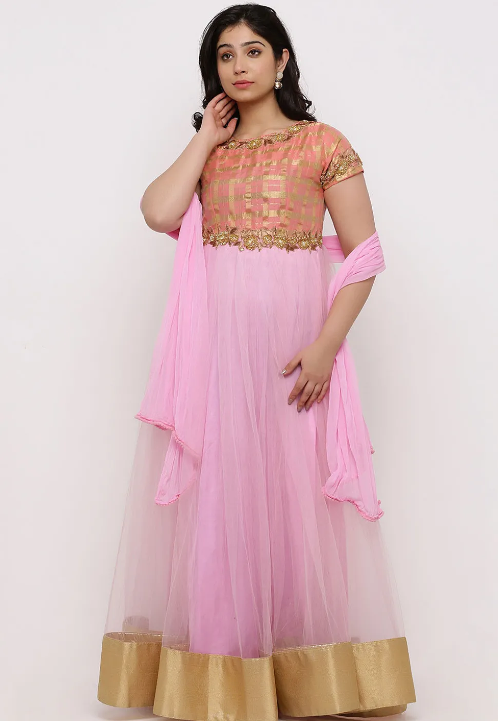 Embroidered Net Abaya Style Suit in Pink and Peach