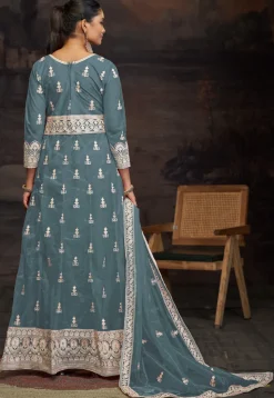 Embroidered Net Abaya Style Suit in Dusty Blue