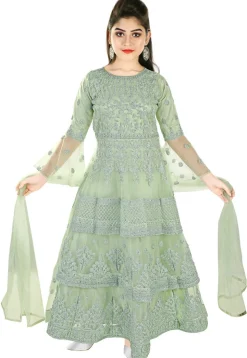 Embroidered Net Abaya Style Suit in Light Green