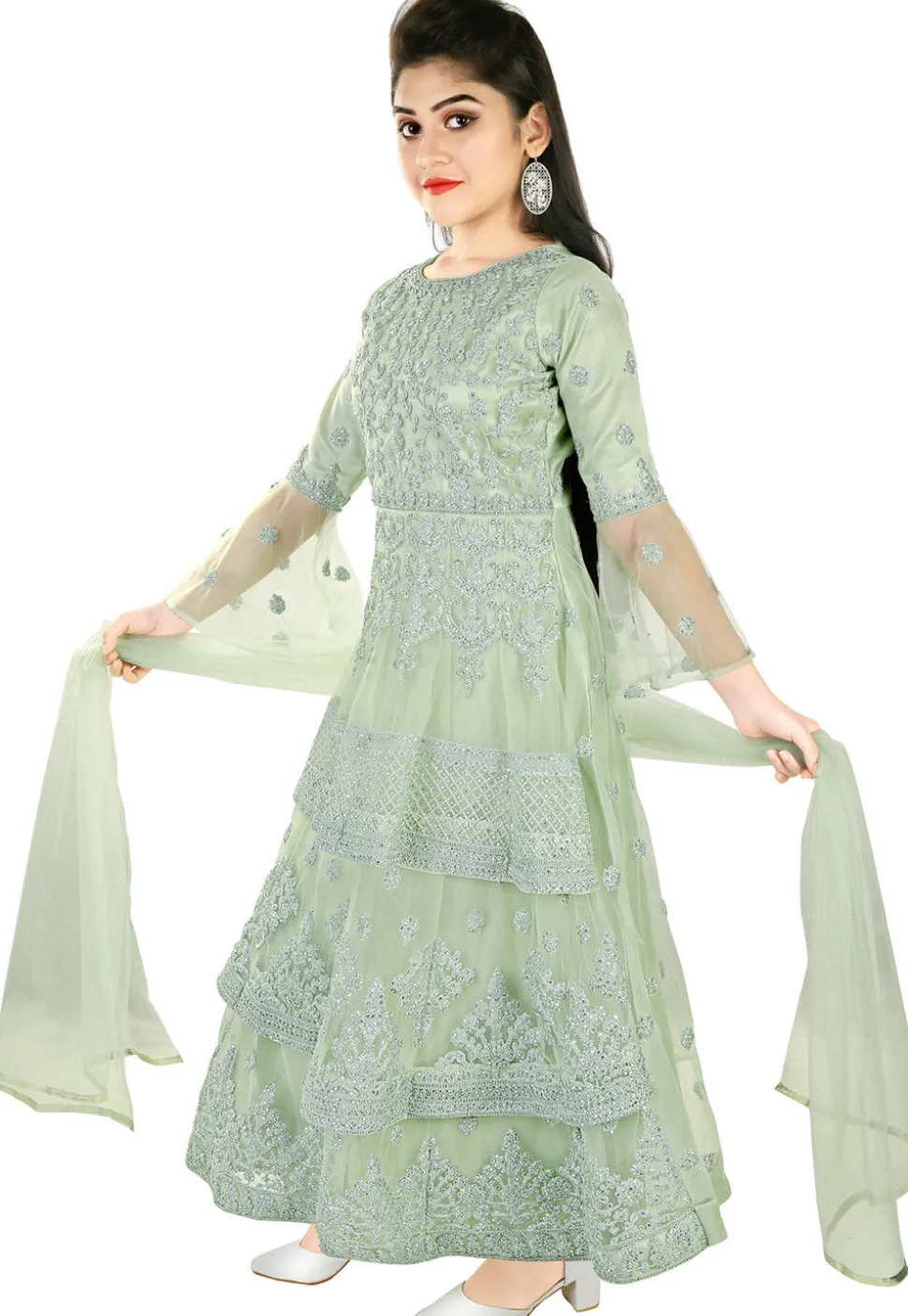 Embroidered Net Abaya Style Suit in Light Green