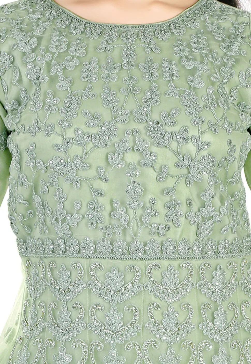 Embroidered Net Abaya Style Suit in Light Green