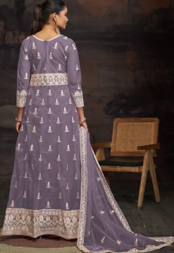 Embroidered Net Abaya Style Suit in Purple