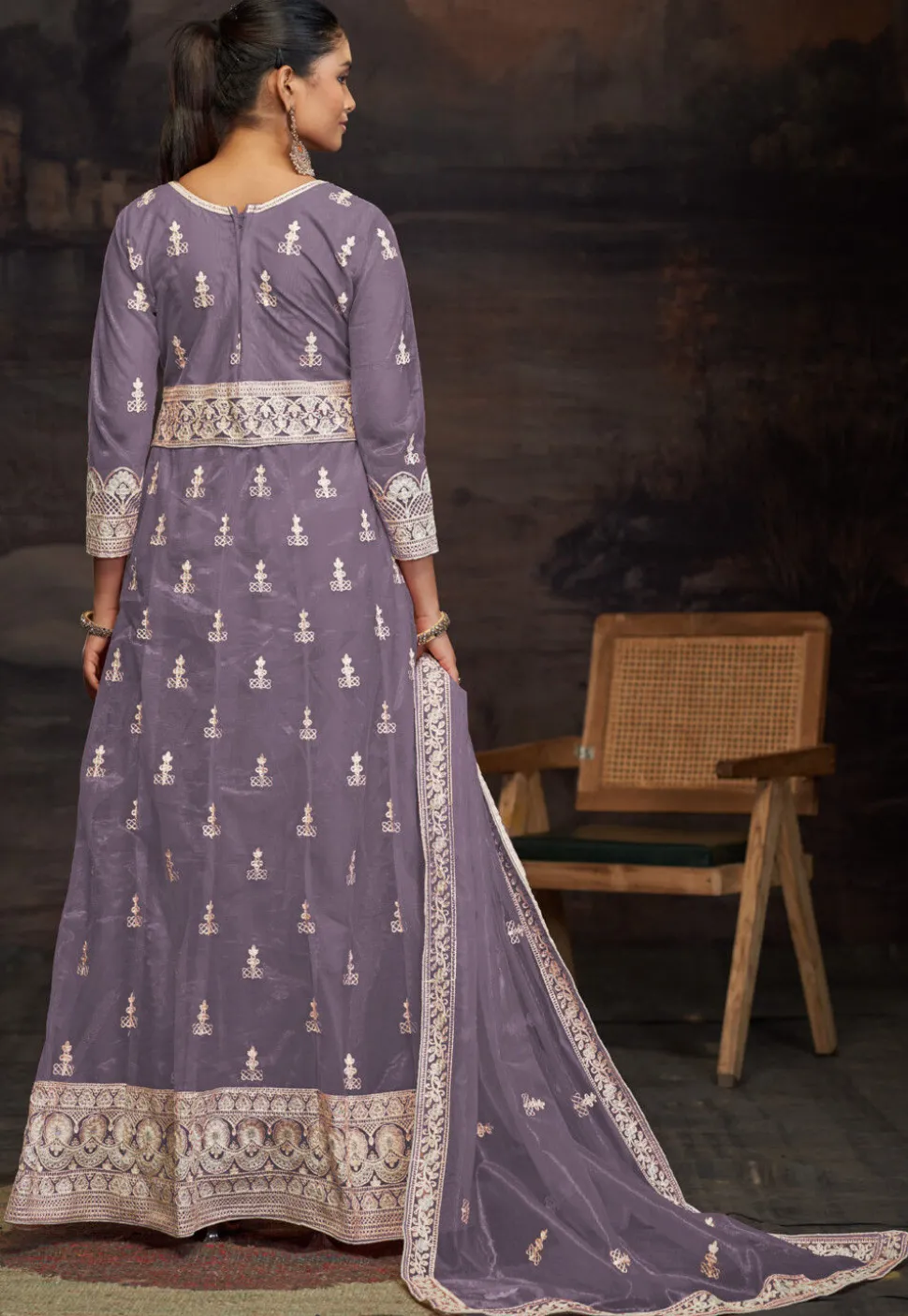 Embroidered Net Abaya Style Suit in Purple