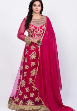 Embroidered Net Abaya Style Suit in Fuchsia