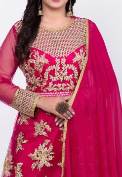 Embroidered Net Abaya Style Suit in Fuchsia