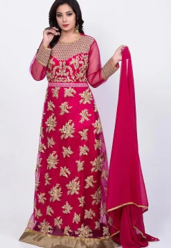 Embroidered Net Abaya Style Suit in Fuchsia