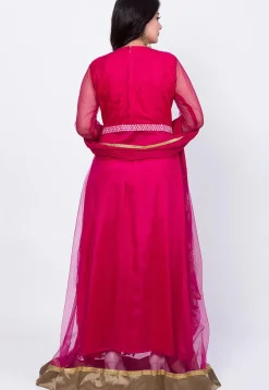 Embroidered Net Abaya Style Suit in Fuchsia