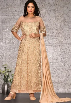 Embroidered Net Abaya Style Suit in Beige