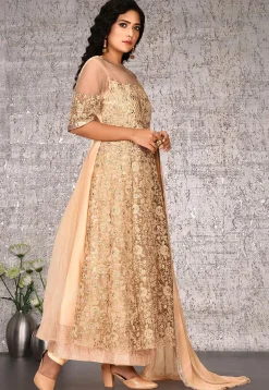 Embroidered Net Abaya Style Suit in Beige
