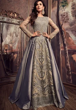 Embroidered Net Abaya Style Suit in Grey