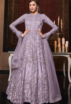 Embroidered Net Abaya Style Suit in Purple