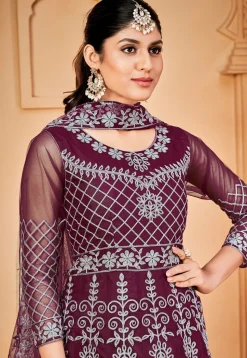 Embroidered Net Abaya Style Suit in Magenta