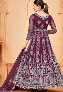 Embroidered Net Abaya Style Suit in Magenta