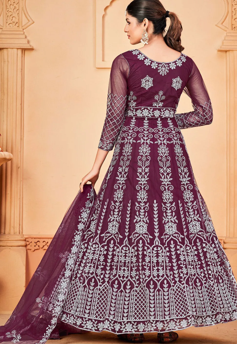 Embroidered Net Abaya Style Suit in Magenta