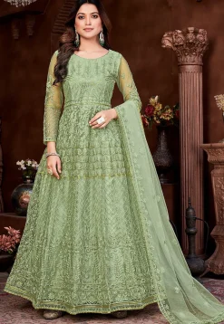 Embroidered Net Abaya Style Suit in Dusty Green