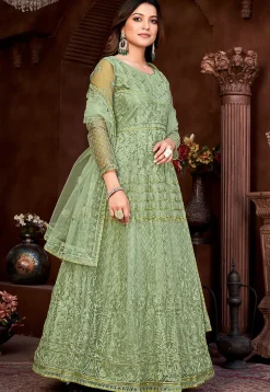 Embroidered Net Abaya Style Suit in Dusty Green
