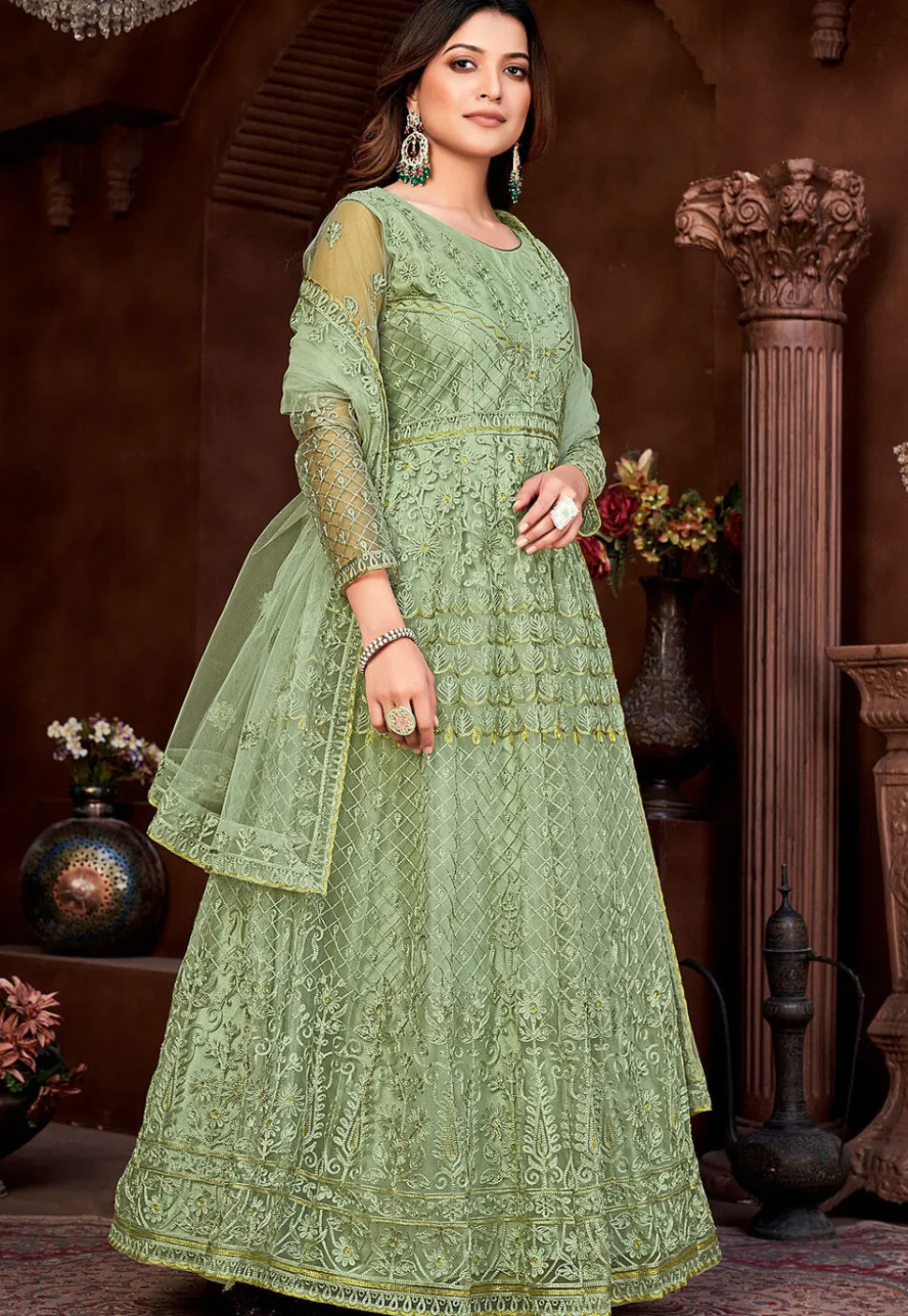 Embroidered Net Abaya Style Suit in Dusty Green