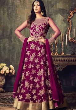 Embroidered Net Abaya Style Suit in Magenta