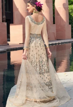 Embroidered Net Abaya Style Suit in Beige
