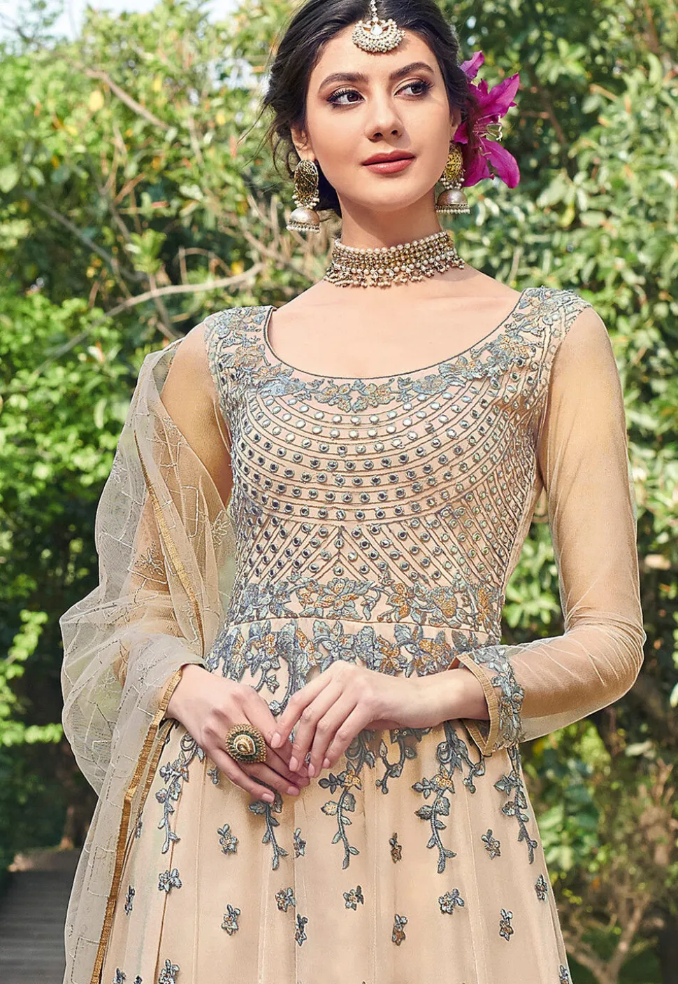 Embroidered Net Abaya Style Suit in Beige