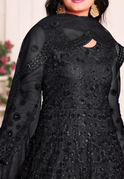 Embroidered Net Abaya Style Suit in Black