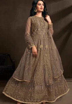 Embroidered Net Abaya Style Suit in Fawn