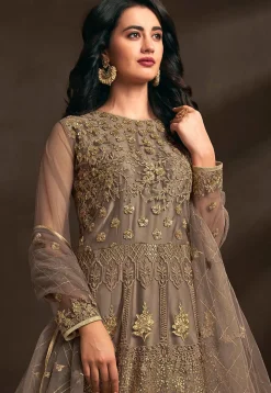 Embroidered Net Abaya Style Suit in Fawn