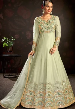 Embroidered Net Abaya Style Suit in Light Green