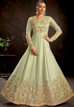 Embroidered Net Abaya Style Suit in Light Green