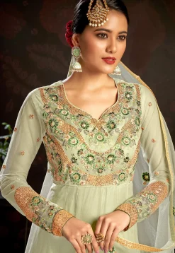 Embroidered Net Abaya Style Suit in Light Green