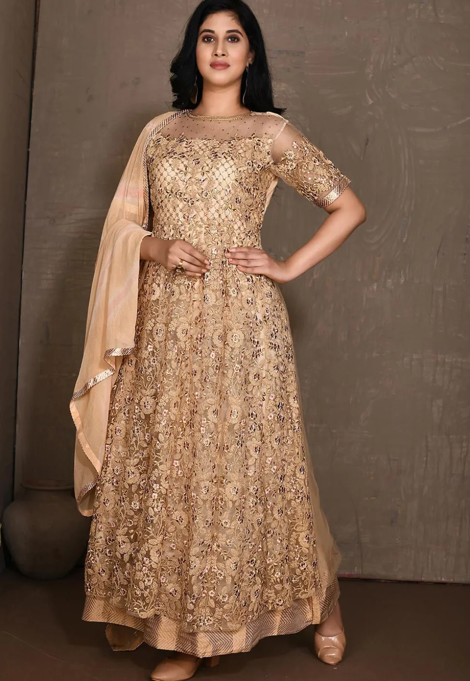 Embroidered Net Abaya Style Suit in Beige