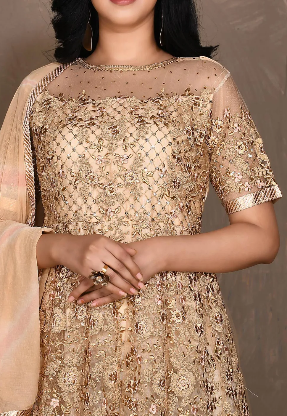 Embroidered Net Abaya Style Suit in Beige