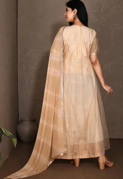 Embroidered Net Abaya Style Suit in Beige