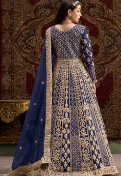 Embroidered Net Abaya Style Suit in Navy Blue