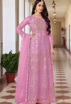 Embroidered Net Abaya Style Suit in Pink