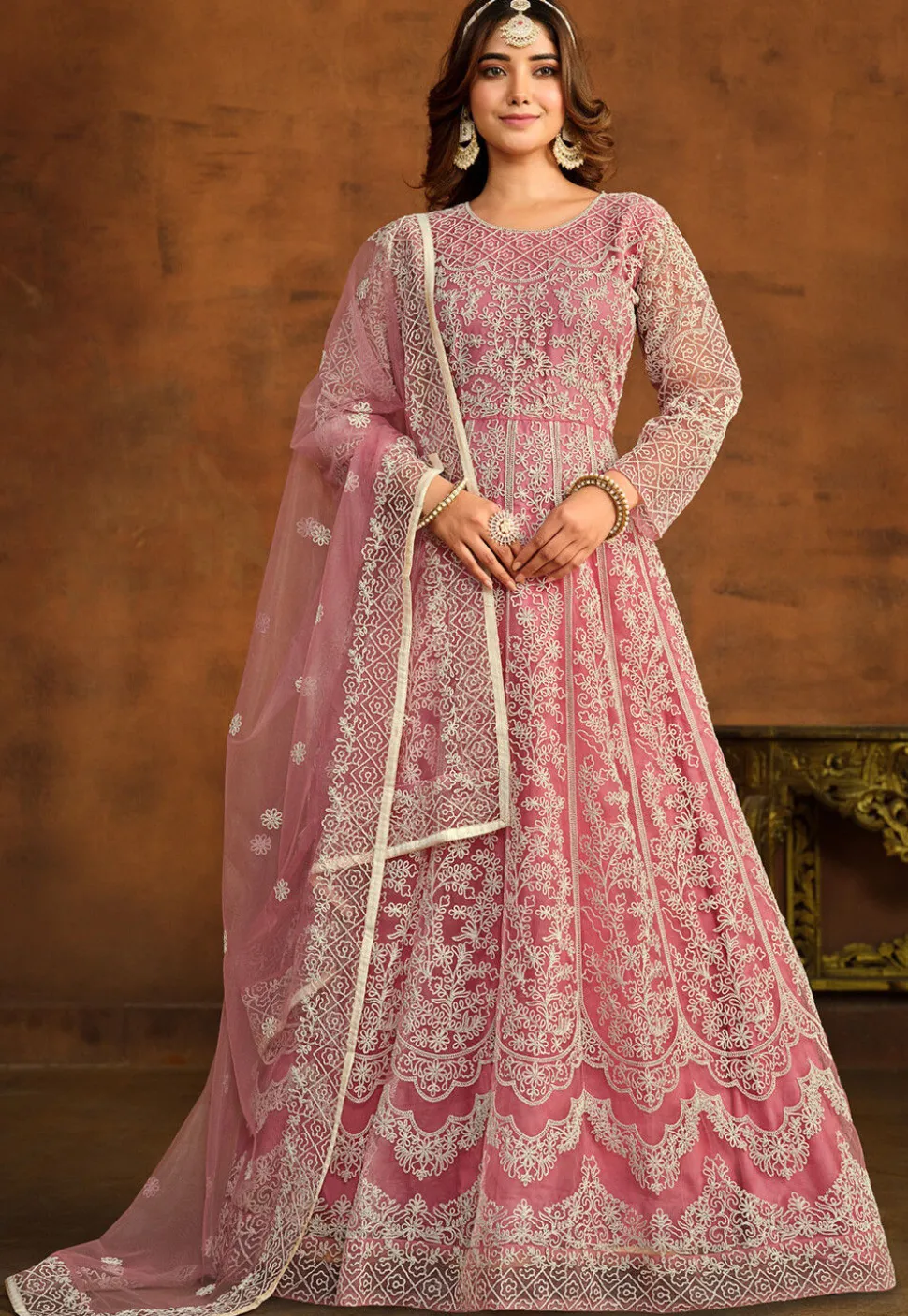 Embroidered Net Abaya Style Suit in Pink