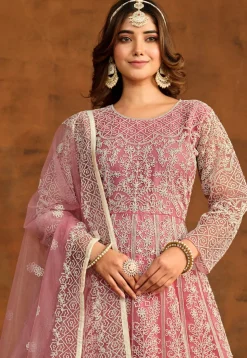 Embroidered Net Abaya Style Suit in Pink