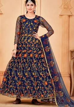 Embroidered Net Abaya Style Suit in Navy Blue