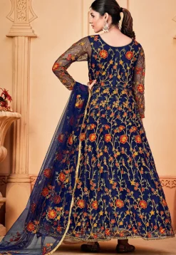 Embroidered Net Abaya Style Suit in Navy Blue