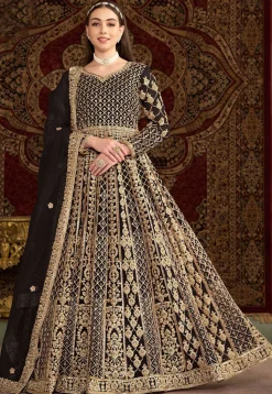 Embroidered Net Abaya Style Suit in Black