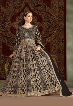 Embroidered Net Abaya Style Suit in Black