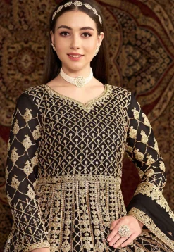 Embroidered Net Abaya Style Suit in Black