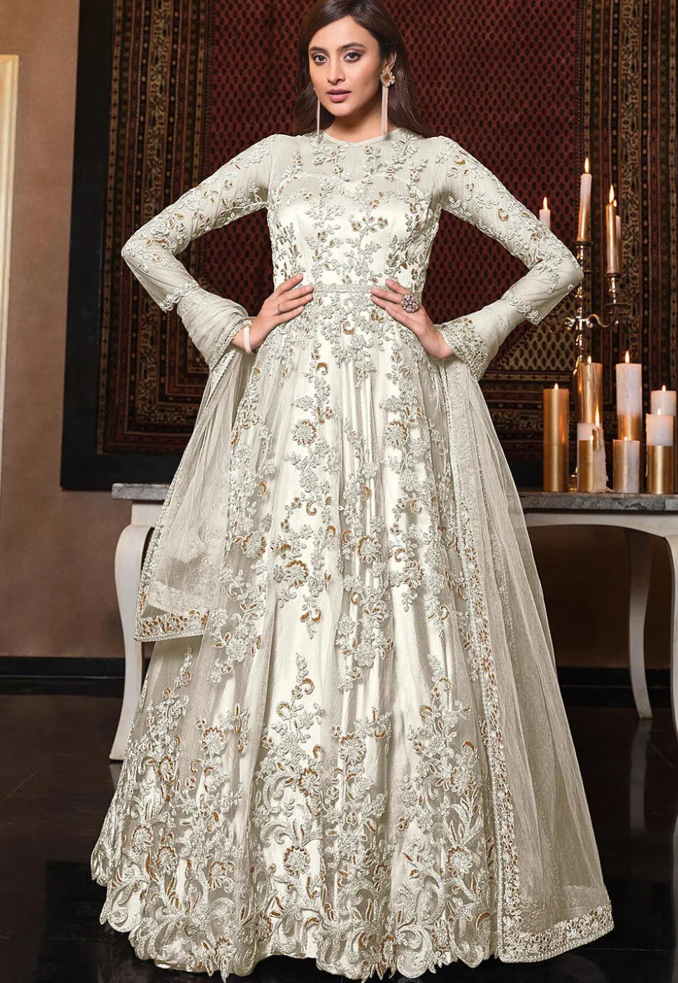 Embroidered Net Abaya Style Suit in Off White