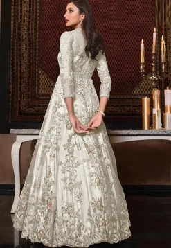 Embroidered Net Abaya Style Suit in Off White