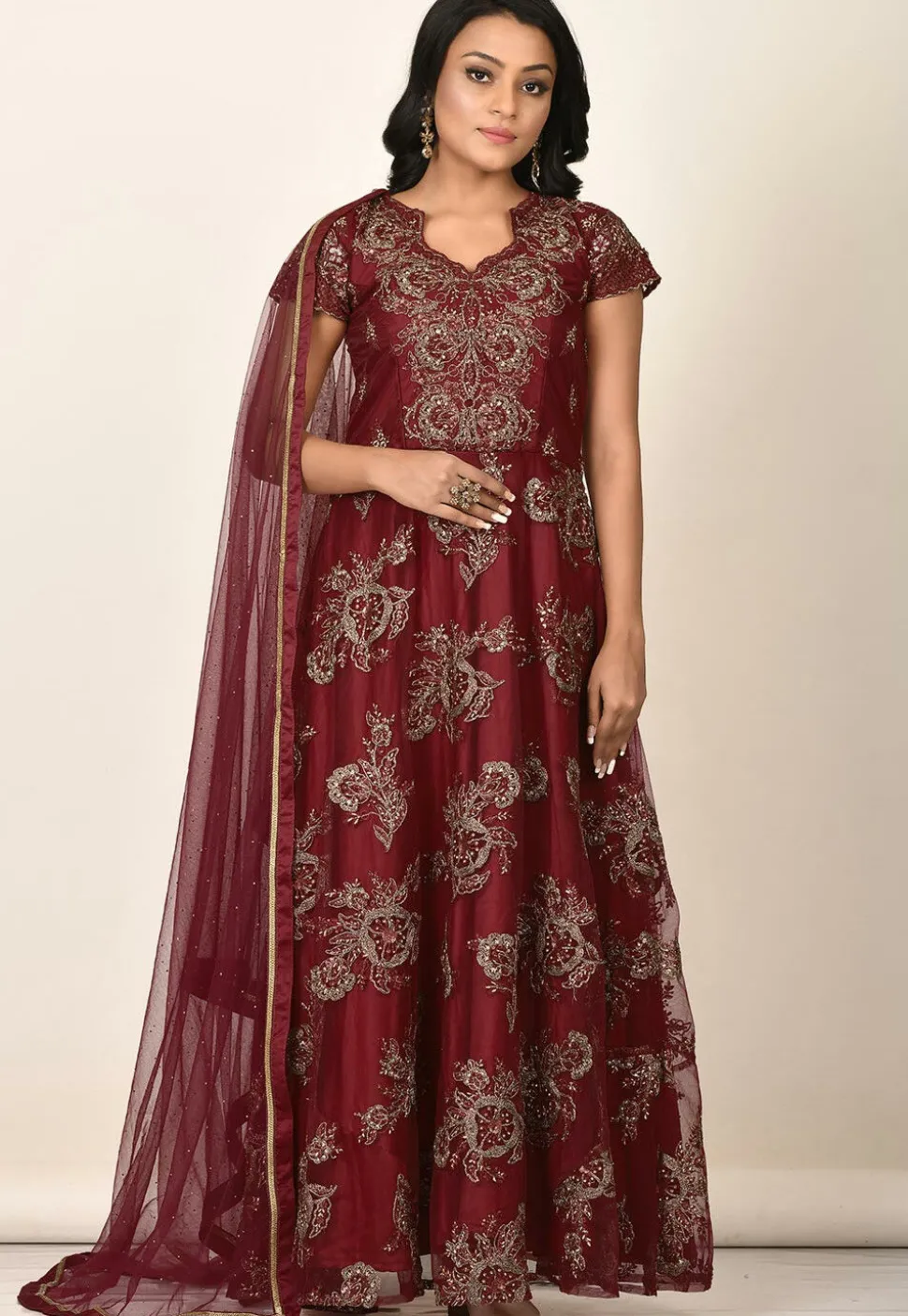 Embroidered Net Abaya Style Suit in Maroon